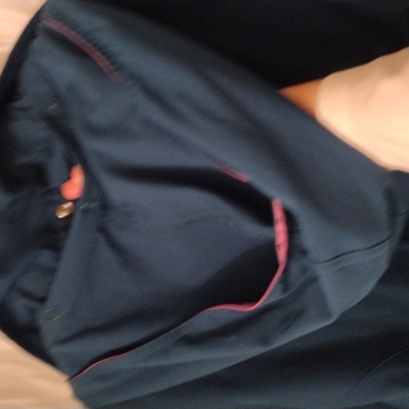 Heart Scrub Zip Front Teal Hooded Scrub Jacket Lab Coat Medium Medical Uniform - Picture 9 of 10